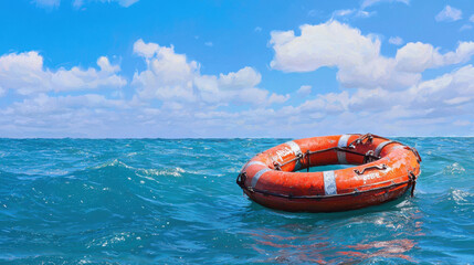 Bright orange lifesaving buoy floats on calm ocean waves under clear blue sky, symbolizing safety and rescue