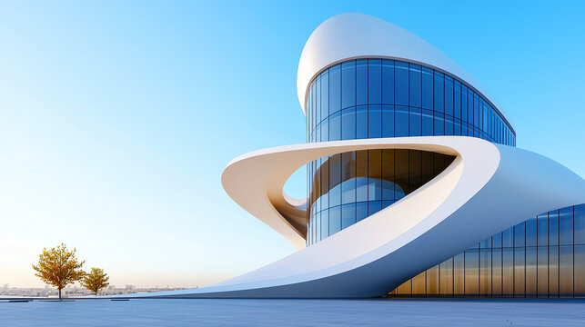 Modern architectural design features unique building with curved lines and large glass windows, set against clear blue sky. structure exudes