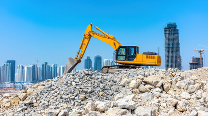 Obraz premium Excavator machinery on construction site, digging through rocks with city skyline in background, showcasing urban development