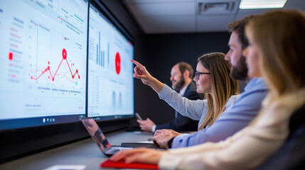 Data analysis team collaborating on business insights, analyzing graphs and charts on large screens, showcasing teamwork and technology