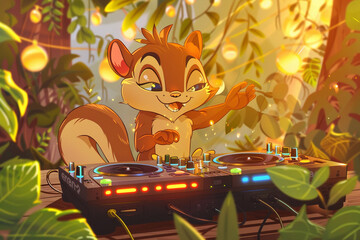 A cheerful cartoon squirrel DJ with a mischievous grin mixes music on professional decks, surrounded by jungle leaves and glowing string lights.