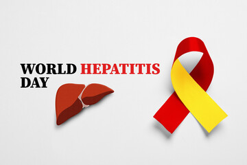 28th july World Hepatitis Day. Yellow-red awareness ribbon and illustration of liver on white background, top view