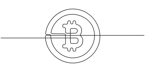 Single continuous line art bitcoin cryptocurrency, Continuous line drawing of bitcoin cryptocurrency silhouette. Blockchain, finance and banking technology concept drawn by one line, Bitcoin coin