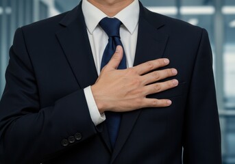 Businessman places hand over heart in gesture of sincerity and trust