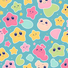 Seamless cute cartoon star pattern with smiling faces, pastel colors like yellow, pink, blue, and mint. Some stars wear hats or glasses. Minimal pale background with dotted accents.