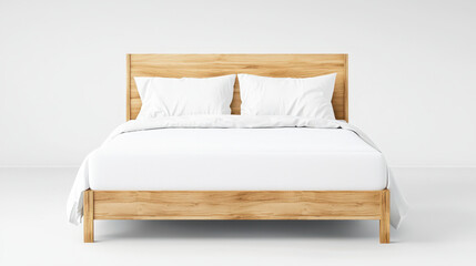 Obraz premium Modern wooden bed with simple design, featuring light wood frame and white bedding, creates cozy and inviting atmosphere