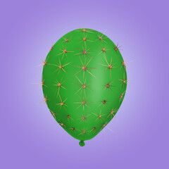 Green balloon covered with cactus prickles on purple gradient background