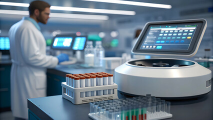  Close-Up of Laboratory Centrifuge and Test Tubes with Scientist Working in the Background.