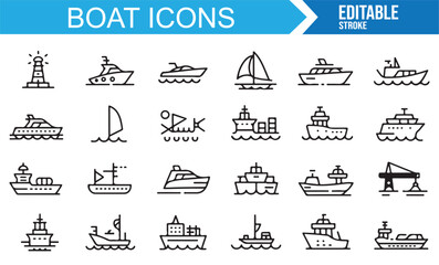 Set of boat icons featuring yachts, sailboats, and lighthouses for a maritime design.