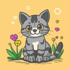 Cute american short hair kitten with flowers illustration