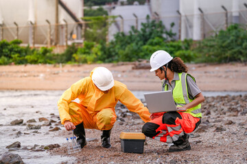 Two environmental engineers in safety gear work at a shoreline near gas storage tanks. One collects water samples, while the other records data on a laptop during site inspection.