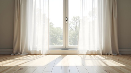 Fototapeta premium Empty floor against the background of a window with a light curtain, minimalist interior background 