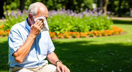 Elderly man suffering from the summer heat in a park, wiping his face with a handkerchief. Concept of heatstroke risk and staying cool for seniors' health. Banner with copy space