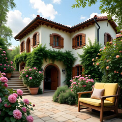 Fototapeta premium Beautiful Countryside Home with Rustic Shutters and Blooming Flowers