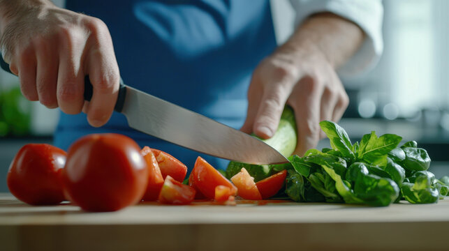 Fresh vegetables being chopped by skilled chef in modern kitchen, showcasing culinary expertise and vibrant colors