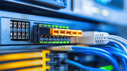 Data server fiber optic cables network connections technology data transfer communication server equipment digital infrastructure
