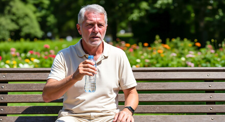 Senior man resting on a bench with a water bottle on a hot sunny day. Concept of staying hydrated to prevent heatstroke and dehydration during a heatwave. Banner with copy space