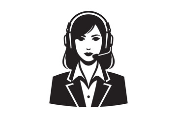 Female Call Center Agent Icon with Headset – Black and White Vector Illustration