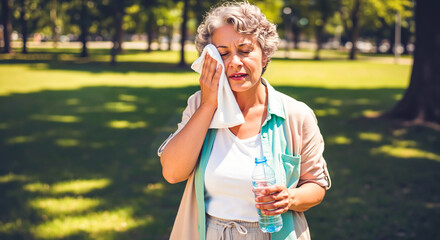 Mature woman suffering from extreme heat in a park, wiping her face and holding water. Dehydration and heatstroke prevention. Health care in summer weather. Banner with copy space