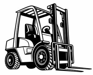 Industrial forklift truck with forks raised in a black and white illustration