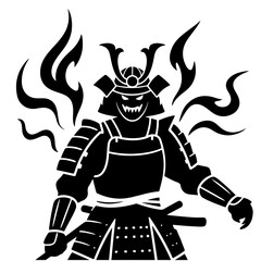 Samurai warrior black illustration with evil face and flames, design element