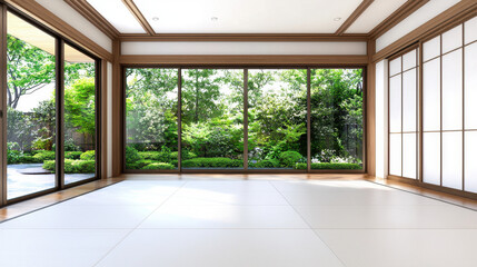 Fototapeta premium Serene interior of traditional room with large windows showcasing lush garden view, creating peaceful atmosphere