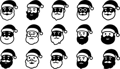 A set of twelve black and white Santa Claus head icons, each with varying facial expressions and details like glasses or masks.