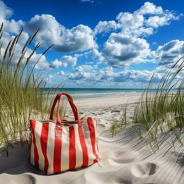 Sommerliche Strandtasche im Sand &ndash; Urlaubstraum am Meer