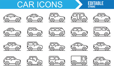 Set of car icons including various styles like sedans, trucks, and utility vehicles.