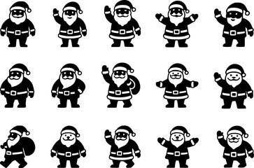 A collection of twelve stylized, black and white cartoon Santa Claus figures in various poses.