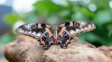 Stunning butterfly with intricate patterns and vibrant colors perched on log, surrounded by lush greenery, evokes sense of tranquility and beauty