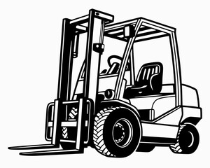 Black and white illustration of a modern industrial forklift truck on a white background
