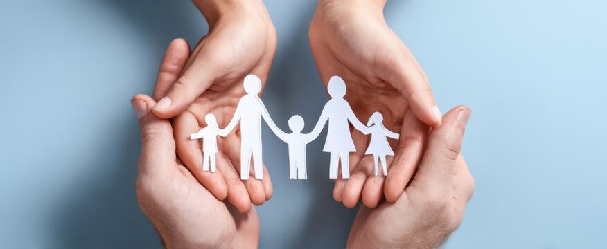 The family figures held gently in hands symbolize love and unity.