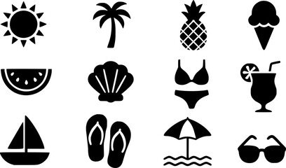 Black and white summer vacation icons set
