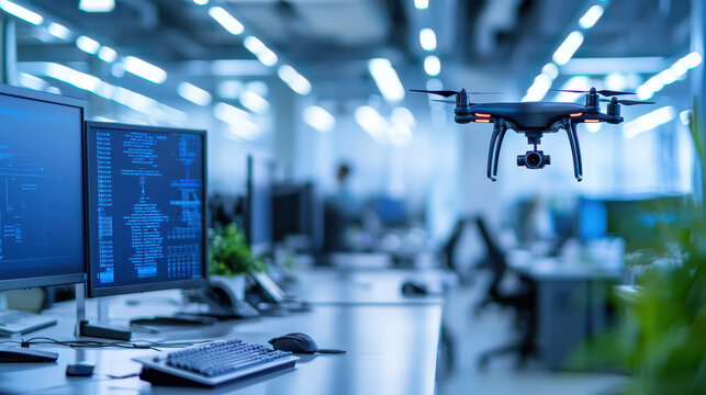 Modern office featuring drone in flight, surrounded by computers and sleek workspace, evokes sense of innovation and technology