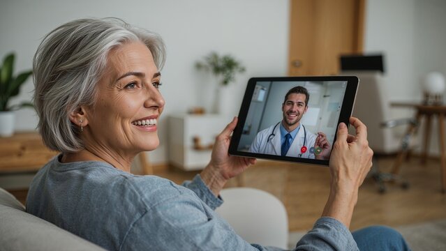An older woman smiles during a telehealth appointment with her doctor on a tablet device at home