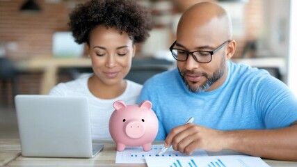 Young African American couple managing finances at home, with laptop, documents, and piggy bank. Concept of saving for retirement, education planning, and financial literacy - Powered by Adobe