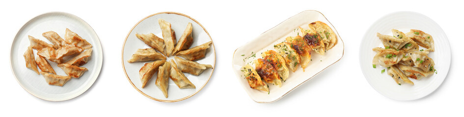 Tasty fried gyoza (dumplings) on white background, collage. Top view