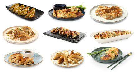 Tasty fried gyoza (dumplings) on white background, collage