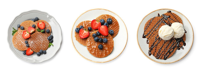 Yummy Dutch waffles (stroopwafels) on white background, set. Top view