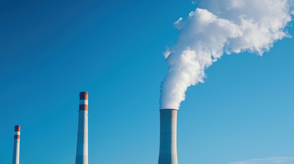 Power plant with cooling towers emitting steam against clear blue sky, showcasing energy generation and industrial infrastructure