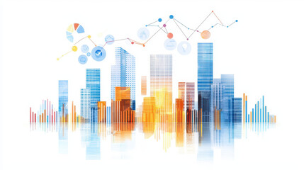Modern city skyline with colorful graphs and charts representing real estate market trends and data analysis