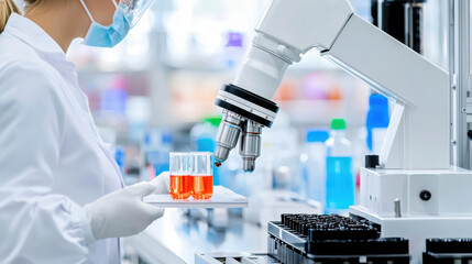 Fototapeta premium Laboratory technician using robotic arm to handle test tubes in modern lab environment, showcasing advanced technology and precision