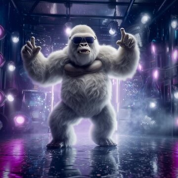 Party-Gorilla mit Sonnenbrille auf der Tanzfl&auml;che