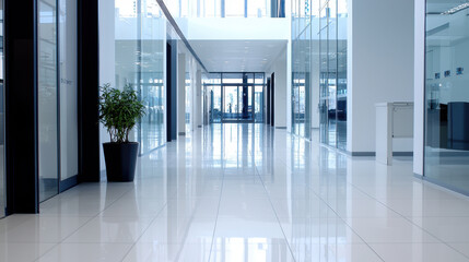 Fototapeta premium Modern and spacious office corridor with sleek design, polished floors, and large glass windows creating bright atmosphere
