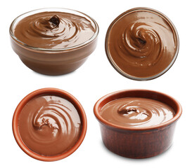 Sweet chocolate butter isolated on white, set. Top and side view