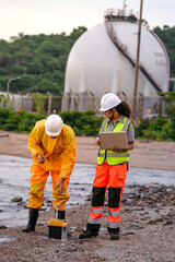 Two engineers in safety gear collect water samples and input data on a laptop near coastal chemical...