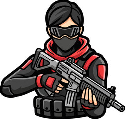 Tactical Gun Girl Mascot Holding Assault Rifle – Modern Female Soldier Vector Illustration for Gaming and Branding