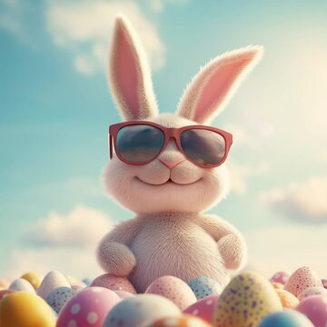 Cooler Osterhase mit bunten Eiern