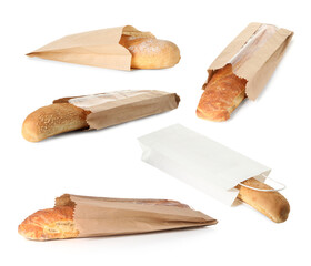 Different fresh baguettes in paper bags isolated on white, collage
